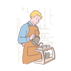 The barista is brewing coffee. hand drawn style vector design illustrations.  - obrazy, fototapety, plakaty