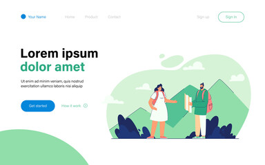 Couple plotting rout for hiking. Couple of hikers with map thinking about trek to top of mountain. Outdoor activity concept for banner, website design or landing web page