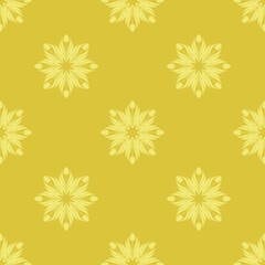 Seamless pattern with a pattern of the silhouette of tulips and leaves. Design in gold and yellow for printing, packaging, fabric. Damascus styling. Vector illustration