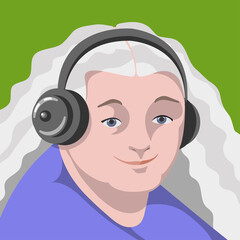 Portrait of an senior  woman. A beautiful old woman in headphones. Female avatar, full-face portrait senior people. Vector illustration. EPS 10
