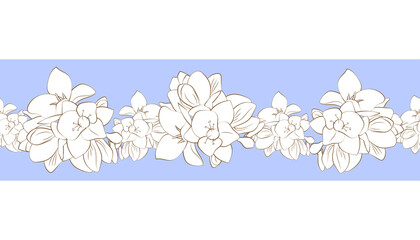 Vector horizontal seamless border with white freesia flowers on a blue background. Vector EPS 10.