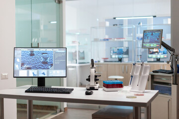 Interior of empty science laboratory with modern equipment prepared for pharmaceutical innovation using high tech, microbiology tools for scientific research. Vaccine development against covid19 virus