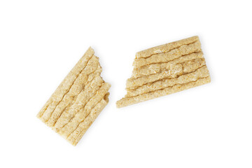 crispbread isolated on white background. Broken dietetic crackers from wholemeal flour