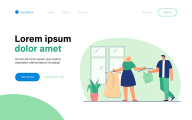 Woman showing new clothes to man. Wife showing new top and dress to husband. Clothes shopping. Shopping concept for banner, website design or landing web page