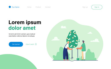 Married couple planting money tree. Flat vector illustration. Man with shovel and woman holding tree with coins and banknotes. Profit, wealth, financial wellbeing, money concept for banner design