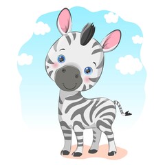 Naklejka na ściany i meble Cute baby zebra standing on a sunny sky background with small clouds. Vector EPS 10