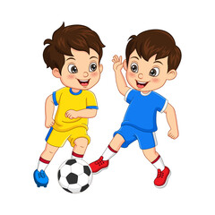 Cartoon kids playing soccer ball