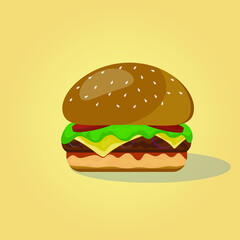 Vector hamburger isolated on yellow background. Fast food, street food. Vector illustration