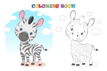 Cartoon baby Zebra with clouds. Coloring page and colorful clipart. Cute design for t shirt print, icon, logo, label, patch or sticker. Vector illustration EPS 10.