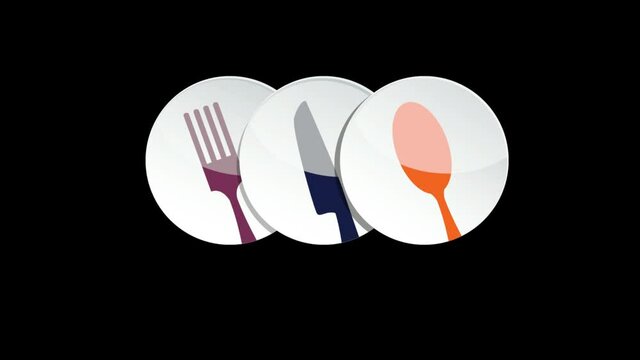 Three plates, with cutlery. Concept of cooking and restaurant. Animated illustration, 4k footage