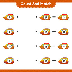 Fototapeta premium Count and match, count the number of Boat and match with the right numbers. Educational children game, printable worksheet, vector illustration