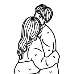 line art of couple standing hugging isolated on white, romantic hug of couple