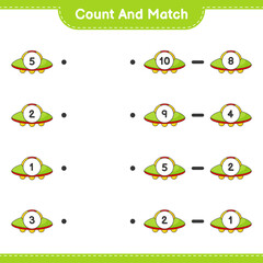 Count and match, count the number of Ufo and match with the right numbers. Educational children game, printable worksheet, vector illustration
