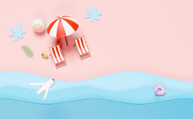 summer beach top view with beach chair, ball ,swim ring flamingo ,palm leaf ,landscape background concept ,3d illustration or 3d render