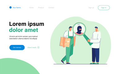 Man suspecting deliveryman in crime. Male character looking at courier suspiciously. Deliveryman holding cardboard box. Suspicion concept for banner, website design or landing web page