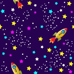 Cosmic seamless pattern with cartoon Rocket, stars and space. Vector illustration EPS 10.