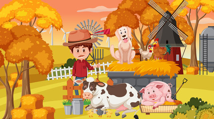 Farm scene with a farmer cartoon character and farm animals