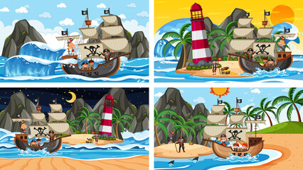 Set of different beach scenes with pirate ship © brgfx