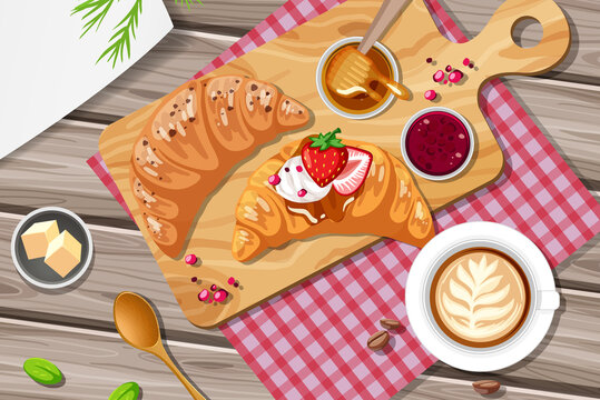 Breakfast croissant with strawberry jam and a cup of coffee on the table