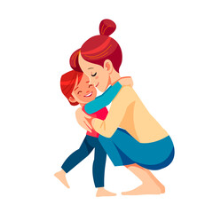 Mother and child. Mom hugging her son with a lot of love and tenderness. Mother's day, holiday concept. Cartoon flat isolated vector design