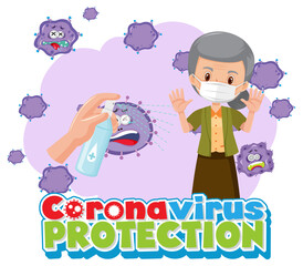 Coronavirus Protection banner with old woman cartoon character wearing medical mask