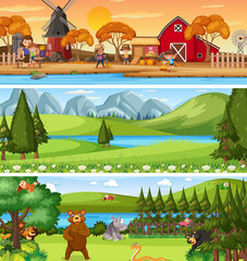 Different nature landscape at daytime scene with cartoon character
