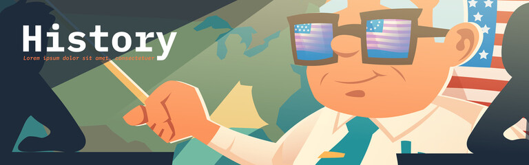 History learning poster with teacher and children in school classroom. Vector banner of historical education with cartoon american flag, map, teacher in glasses and students