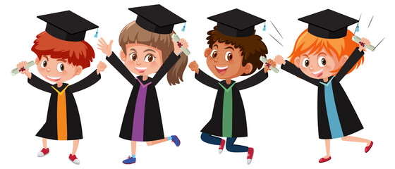 Set of different kids wearing graduation costumes