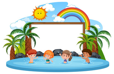 Blank banner template with many kids on summer vacation at the beach isolated