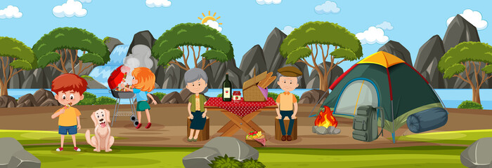 Outdoor horizontal scene with family picnic at the park