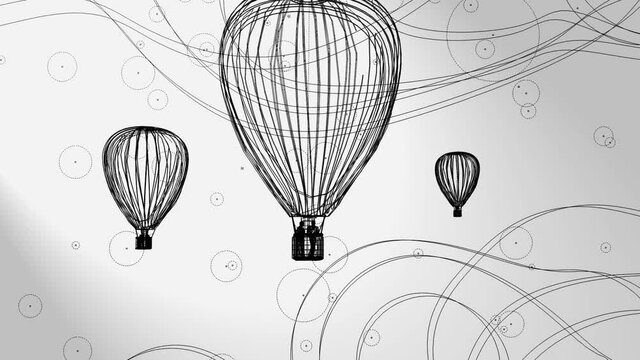 3d animation, some hot air balloons on sky with snow flackes or rain ( line art )