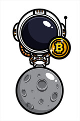 cute cartoon astronaut vector design standing on the moon holding bitcoin coins