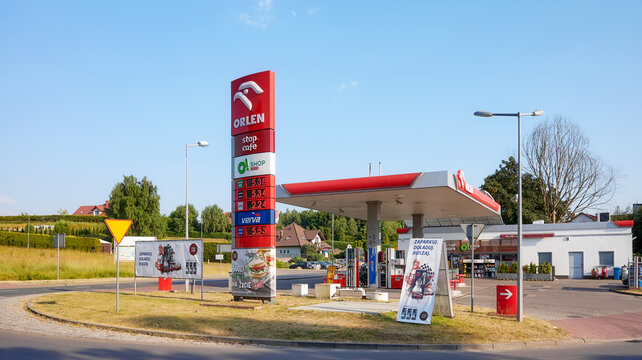 Czaplinek, Poland - June 20, 2021: Orlen gas station, shop and cafe in Czaplinek,  town in Drawsko County, West Pomeranian Voivodeship.