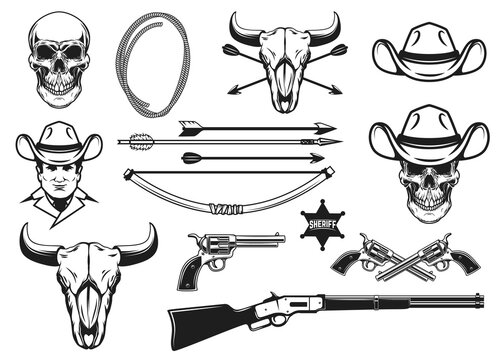 Wild West design elements. Cowboy weapon, hat, lasso, cowboy skull. Design element for logo, label, sign, emblem. Vector illustration