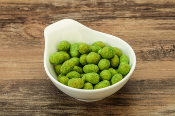 Spicy wasabi peanuts in the bowl