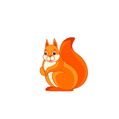 Eurasian red squirrel. Tail up. Cartoon character of a rodent mammal animal. A wild forest creature with orange fur. Side view. Vector flat illustration isolated on a white background