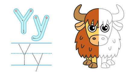 Trace the letter and picture and color it. Educational children tracing game. Coloring alphabet. Letter Y and funny Yak - obrazy, fototapety, plakaty