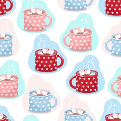 Cocoa mug seamless pattern, mugs of different colors in white polka dots with cocoa and marshmallows, vector print in flat style.