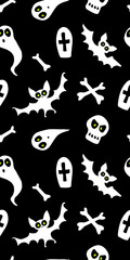 Happy Halloween-seamless pattern with set of characters-bats, ghosts, skulls and bones. Textured background for greeting card, invitation, party poster, banner