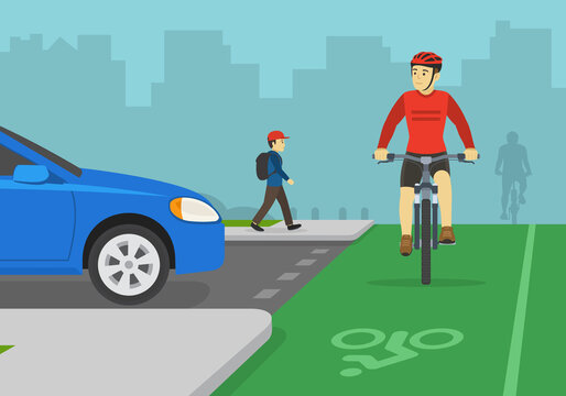 Professional cyclist turned his head and looking at blue sedan car. Front view of cycling bike rider on a bicycle lane. Flat vector illustration template.