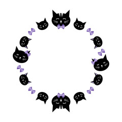Fototapeta premium Cartoon style vector round frame template, background with black cats and purple bows for cat and animals related design.
