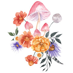 Watercolor illustration with floral bouquet and mushroom, isolated on white background