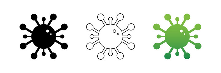 Set, collection of minimalistic virus, coronavirus icons for covid-19 related design. Black, outlined, green virus silhouettes icons.
