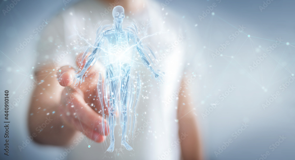 Poster Man using digital x-ray human body holographic scan projection 3D rendering