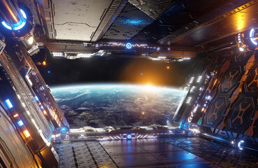 Orange and blue futuristic spaceship interior with window view on planet Earth 3d rendering