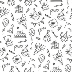 Seamless pattern with Happy Birthday doodles. Sketch of party decoration, funny smily children face, gift box and cute cake. Children drawing. Hand drawn vector illustration on white background.