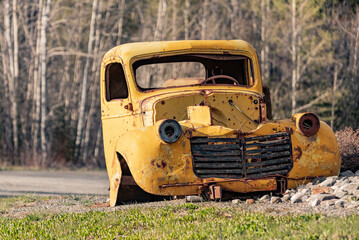 Abandoned rusty 1940s style truck sitting in the wilderness of Yukon Territory during summer time with yellow, rust colored theme and boreal forest in background. 