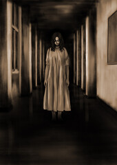 暗い廊下に現れた女の子の幽霊セピア