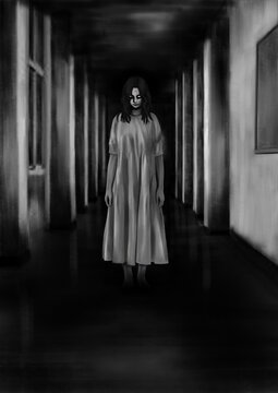 暗い廊下に現れた女の子の幽霊モノクロ