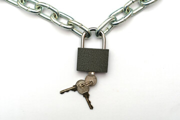 padlock with keys hanging on a chain on a white background